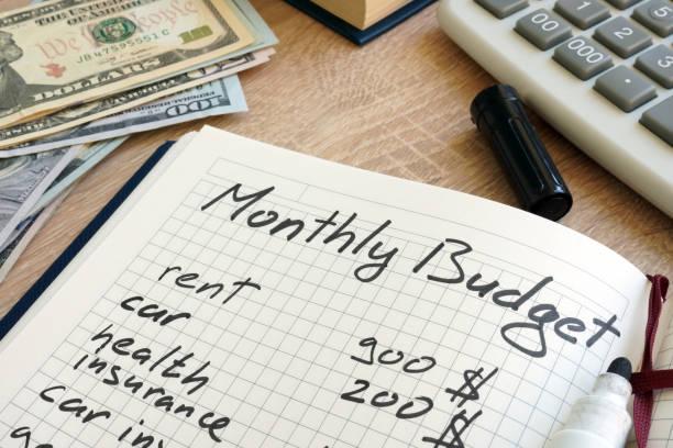 Note pad with monthly budget calculations and money
